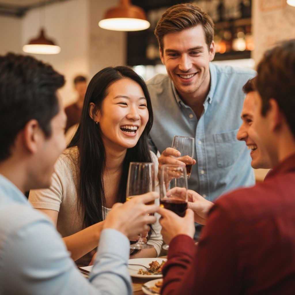 Friends laughing together at restaurant